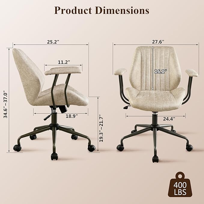 Mid Century Modren Office Chair,Mid Back Ergonomic Executive Chair with Lumbar Support, Computer Desk Swivel Task Chair with Wheels, Faux Lether Suede Fabric Home Chair (Beige)