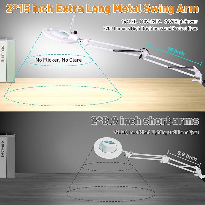 10X Magnifying Glass with Light and Stand, NUEYiO 2200 Lumens Stepless Dimming LED Magnifier Lamp, Adjustable Swing Long Arm Magnifying Light, Hands Free Craft Lamp for Projects Soldering Workbench