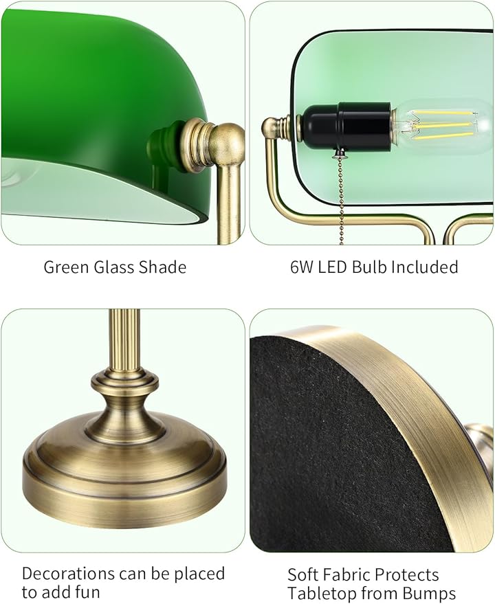 Traditional Banker's Desk Lamp with Glass Shade,Pull Chain Switch, LED Bulb Included (Antique Bronze+Green)