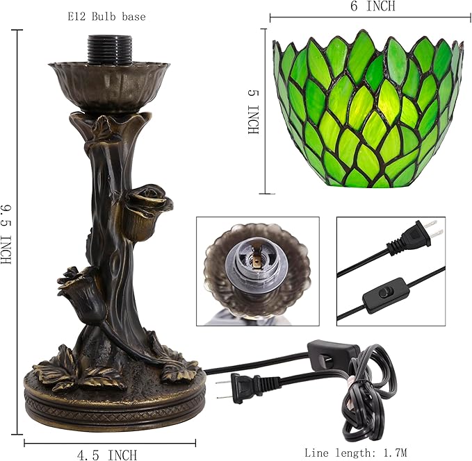 Small Tiffany Lamp Mini Stained Glass Table Lamp Green Wisteria Accent Desk Uplight W6 H13.5 Inch Bronze Resin Base