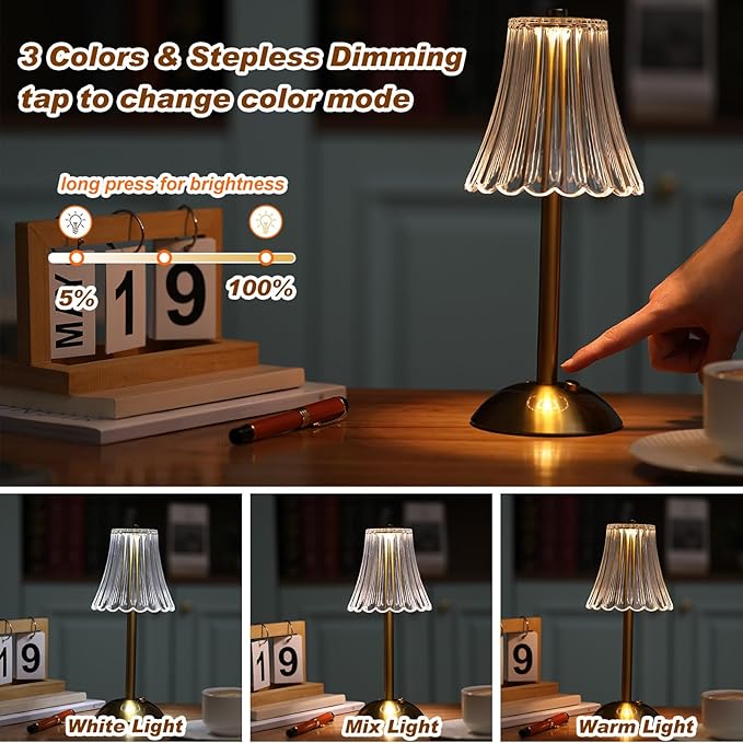 Liliful 4 Pcs LED Portable Cordless Table Lamp Touch Battery Operated Rechargeable Gold Desk Lamp 3 Color Dimmable for Bedroom Living Room Dining (Gold,Rose Style)