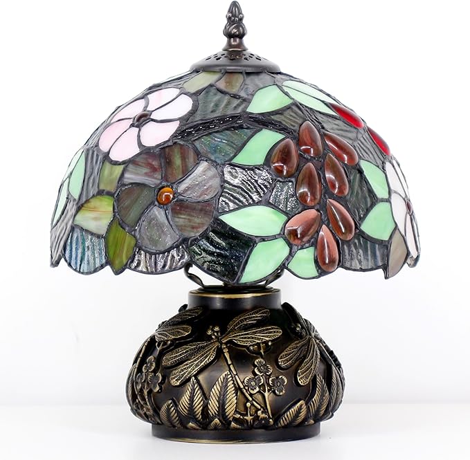 Small Tiffany Table Lamp Brown Grape Style Stained Glass Desk Lamp 10X11.5 Inch Mushroom Table Light for Office Home Living Room Bedroom