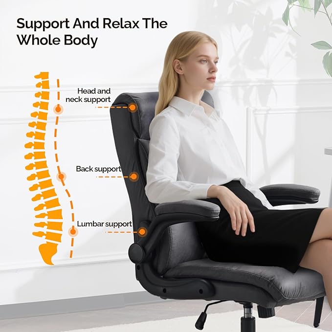 VINGLI Rolling Ergonomic Office Desk Chair with Padded Flip-up Arms, 360° Swivel High Back Executive Computer Task Chair with Wheels for Game,Home Small Space, Study Room, Reading Room,Pu Grey