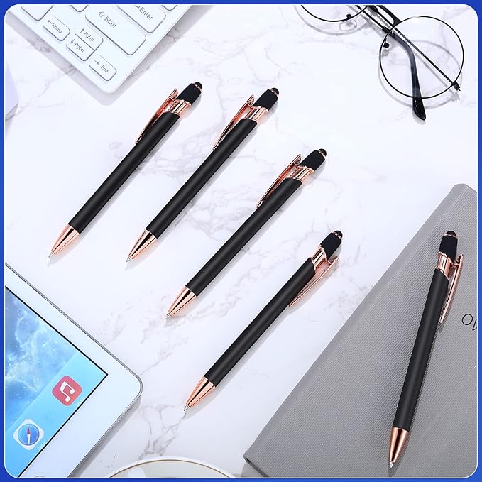 Tenare 12 Pieces 2 in 1 Stylus Metal Ballpoint Pen with Stylus Tip, 1.0 mm Black Ink Ballpoint Pen for Touch Screens(Black and Rose Gold)