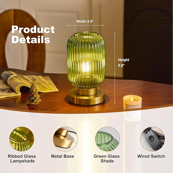 Modern Green Ribbed Glass Table Lamps Mid Century Bedside Light Small Nightstand Lamp with Plug-in Style, E26 Night Lighting for Bedroom Living Room Tabletop