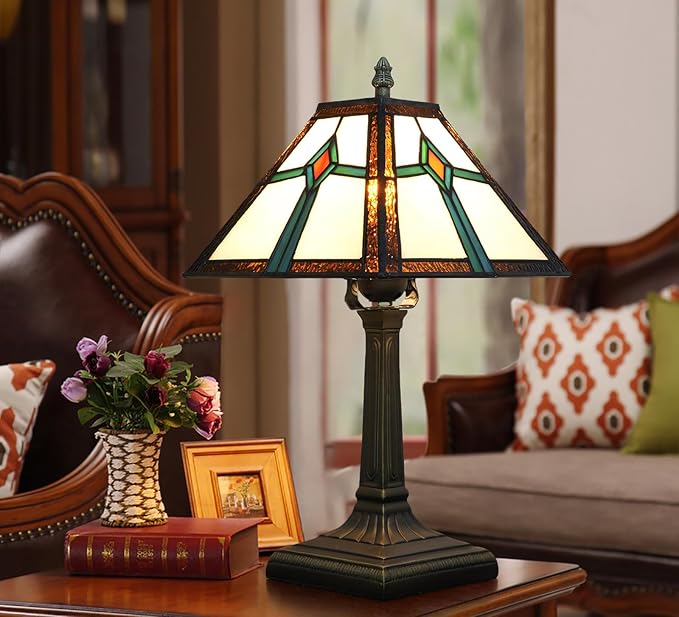 Tiffany Style Table Lamp Mission Design Stained Glass Lamp Vintage Handmade Nightstand Lamp with LED Bulbs Included for Home Living Room Bedroom Office