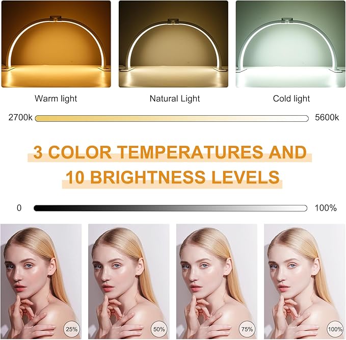 Half Moon Light for Nail Desk, Nail Light for Desk with Phone Holder and 10 Adjustable Brightness and 3 Color Temperature for Manicure, Tattoos, Eyebrows