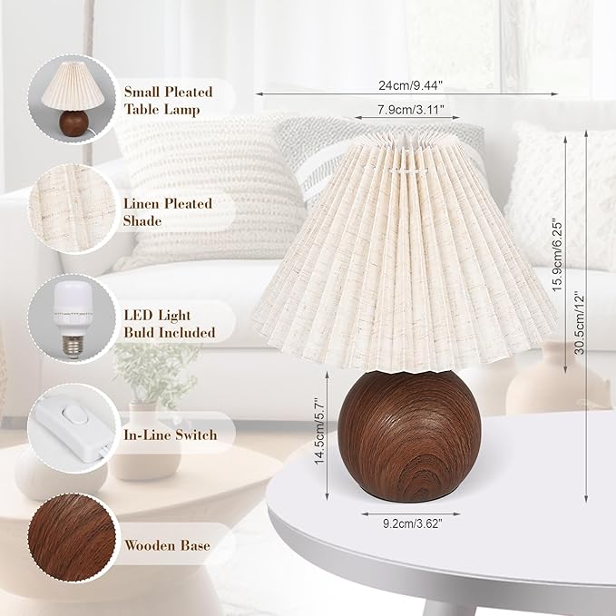 Small Pleated Table Lamp, Bedside Nightstand Lamp with Off White Lampshade, Morden Mini Lamp for Bedroom Home Office Decor, E27 Bulb Included