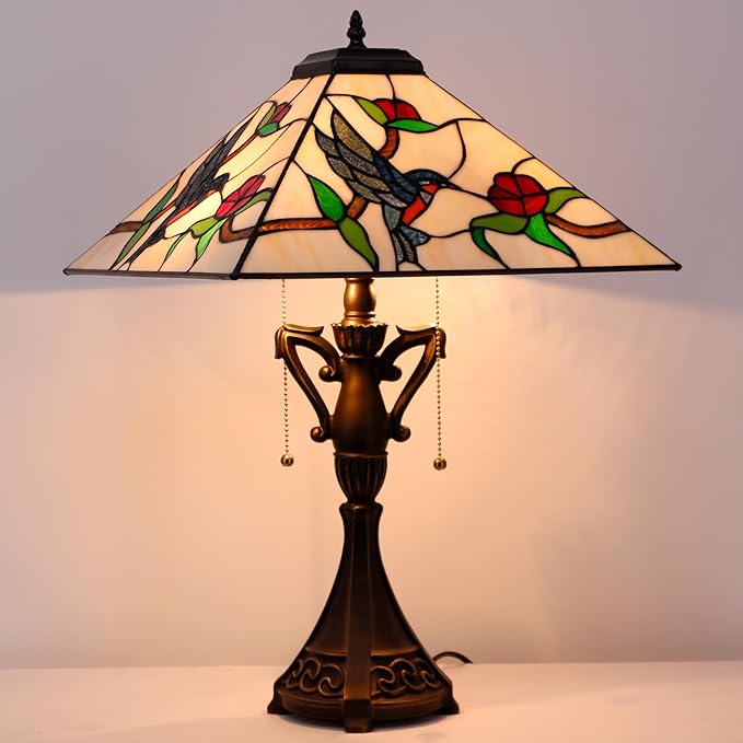 Tiffany Table Lamp Stained Glass Amber Hummingbird Square Geometric Mission Style Desk Reading Light 16X16X24 Inch for Bedroom Living Room Home Office