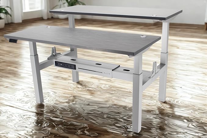 Lift It, 60"x24" Electric Double-Sided, Adjustable Height Standup Office Desk for Office or Home, Dual Motor, 4 Memory Digital Control with USB Charging, Charcoal Pattern Top, Silver Frame
