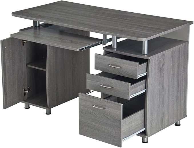 47.5'' Computer Desk with File Cabinet and Drawers, Storage Cabinet with Removable Shelf and Ventilation for CPU, Home Office Desk or Computer Workstation with Keyboard Tray, Grey