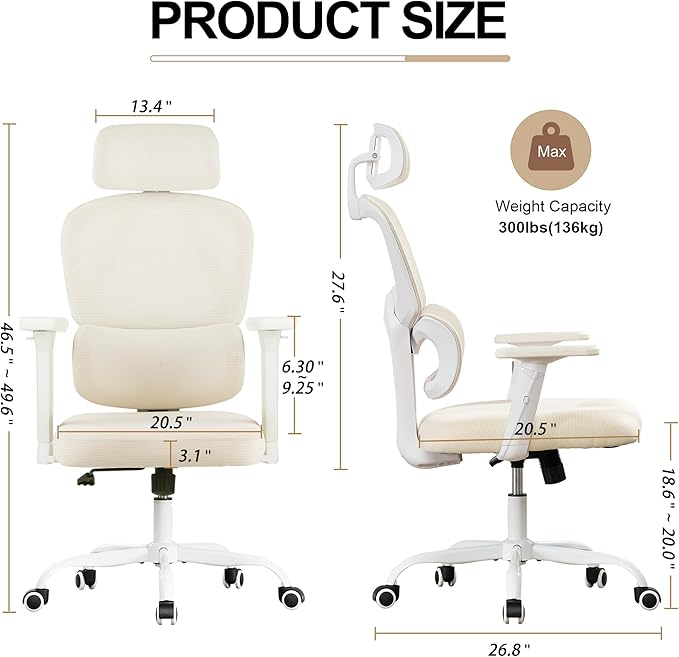 Ergonomic Office Chair,Home Mesh Office Desk Chairs,High Back Office Chair 330 LBS,Swivel Computer Chair with 2D Armrest,Adjustable Headrest,Lumbar Support,Rocking Function (Beige)
