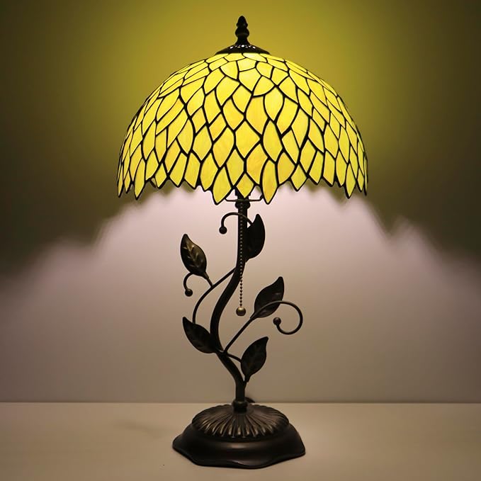 Tiffany Lamp Stained Glass Table Lamp Desk Bedside Reading Light 12X12X19 Inches with Metal Leaf Base(Yellow Wisteria)