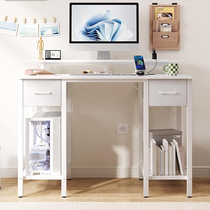 White Computer Desk with Drawers, 42 Inch Home Office Desk Study Writing Table, Gaming Desk with USB Power Outlets, Office Desk with Fabric Drawer, Work Table with Shelf for Bedroom, White