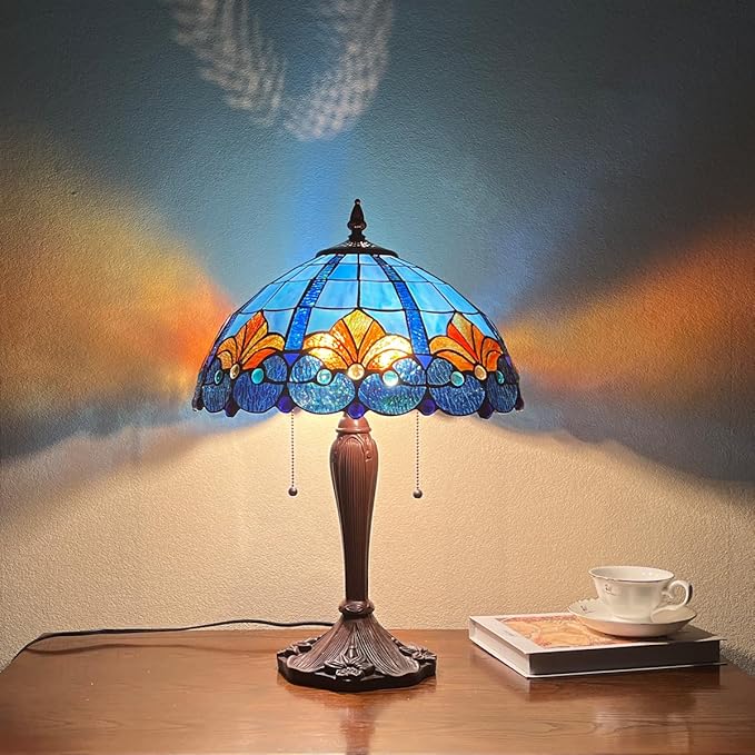 Tiffany Table lamp, Blue Stained Glass Desk Light - Antique Style 16” Large Nightstand Bedside Reading Light for Living Room Bedroom Office