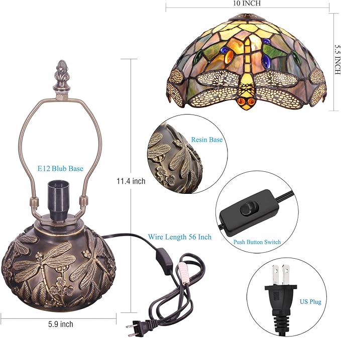 Small Tiffany Table Lamp Brown Dragonfly Style Stained Glass Desk Lamp 10X11.5 Inch Mushroom Table Light for Office Home Living Room Bedroom