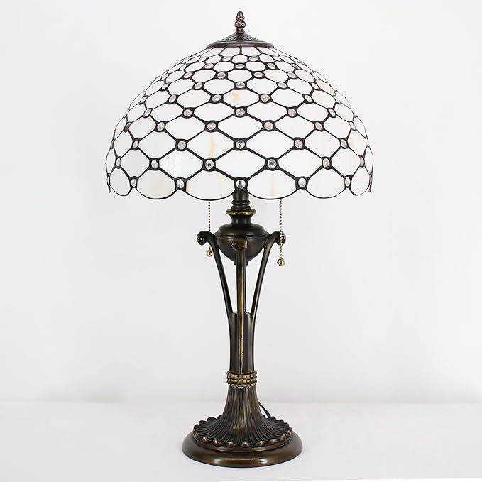 Tiffany Table Lamp Cream Amber Bead Stained Glass Desk Lamp 16X16X24 Inches Reading Light