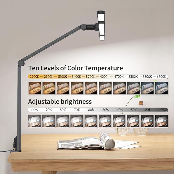 YS-TL23070 Full Spectrum Desk Lamp – Sun Lamp 24W Eye-Care Desk lamp, CRI≥95, 2700K to 6500K Color Temp, Stepless Dimming, Flicker-Free, Low Blue Light, Touch & Remote Control, for Study & Office