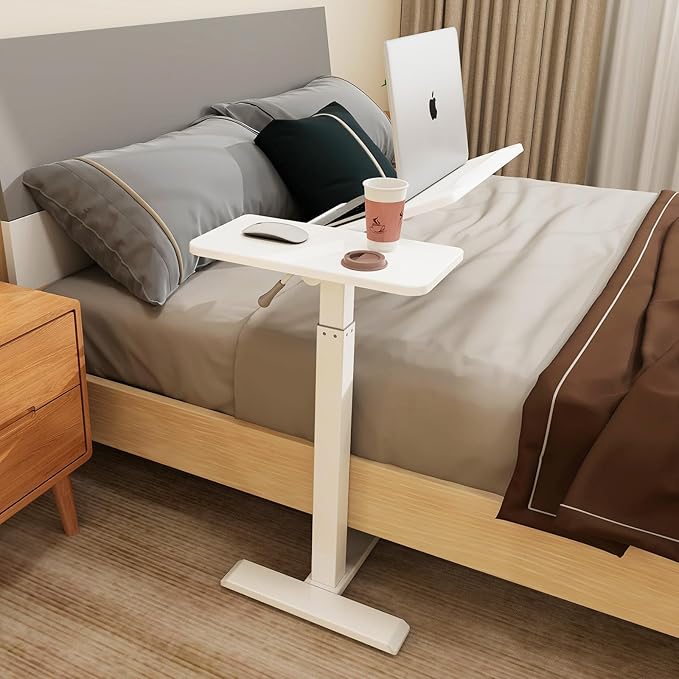 PUNCIA Height Adjustable Overbed Table with Pneumatic Lift and Wheels Split Top Tilting Tray and Rolling Laptop Desk – Bedside Cart for Reading Computer Work Study in Bedroom and Home Office