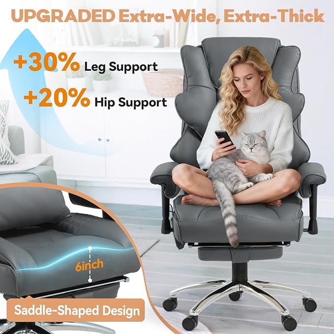 Massage Office Chair with Foot Rest, Ergonomic Executive Heated Office Chair with Reclining Backrest, Adjustable Arms and Lumbar Support, High Back Leather Desk Chairs for Home Office, Grey