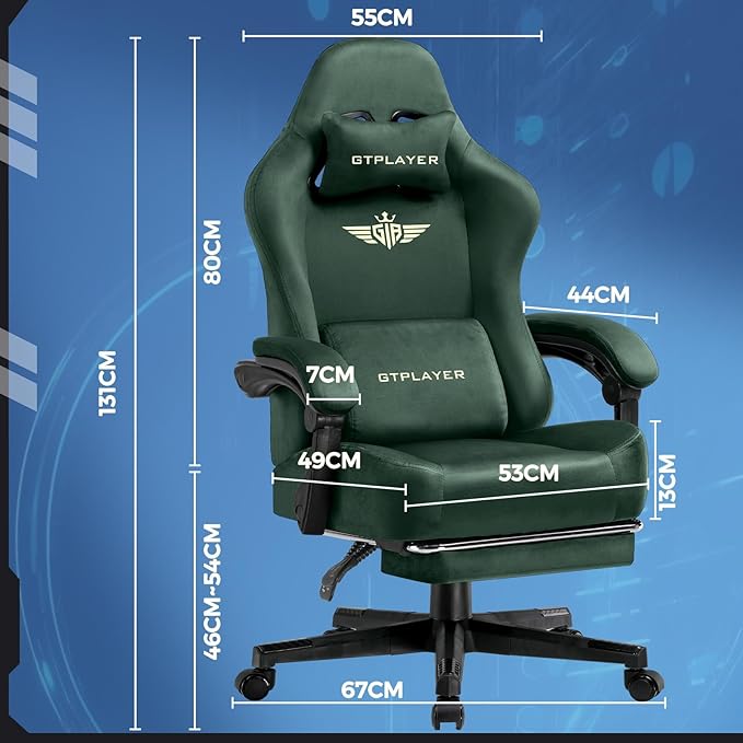 GTPLAYER Gaming Chair Fabric with Pocket Spring Cushion, Big and Tall Gamings Chairs 350LBS High Back Computer Chair with Footrest for Adults Lumbar Support Swivel Game Chair for Office Gaming Green
