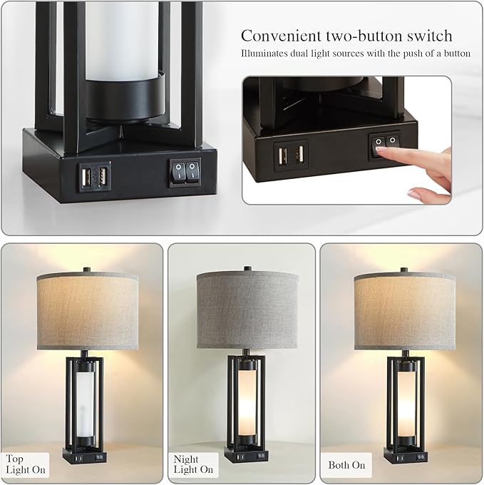 RORIANO Set of 2 Modern Table Lamp for Living Room with 2 USB Ports, Contemporary Nightstand Lamp with White Glass Night Light, Retro Desk Lamp for Bedroom Bedside, 4 Bulbs Included (Balck)