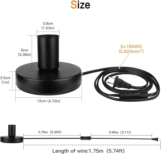 Helunsi Industrial Table Lamp Base, E26 E27 Lamp Base Without Shade, Mini Short Desk Lamp Exposed Bulb Base, Simple Metal Edison Light Bulb Stand, with 5.8ft Cord Switch Plug Bulb Base Holder (Black)