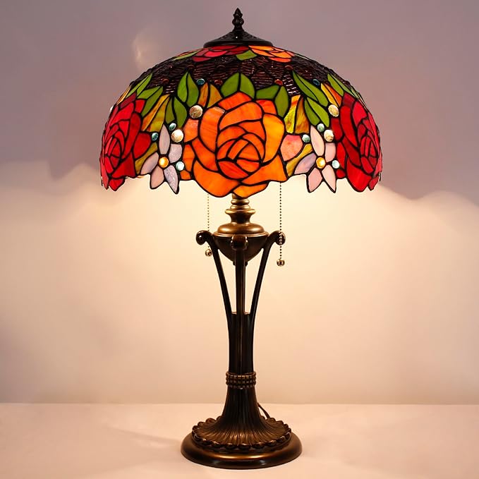 Tiffany Table Lamp Red Yellow Rose Stained Glass Desk Lamp 16X16X24 Inches Reading Light