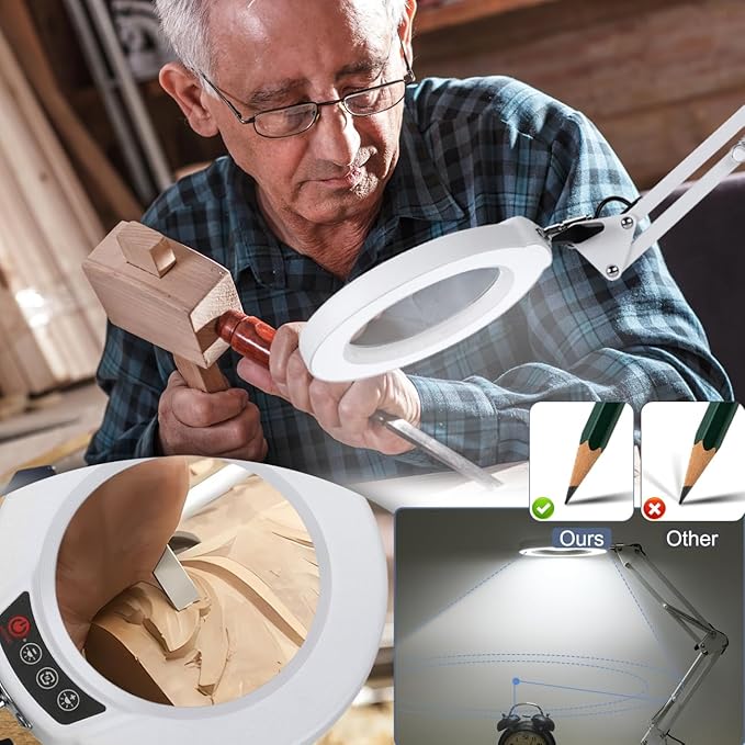 LANCOSC 10X Magnifying Glass with Light and Clamp, 5 Color Modes Stepless Dimmable Lighted Magnifier with Light, Adjustable Swing Arm LED Desk Lamp Hands Free for Close Work Crafts Painting - White