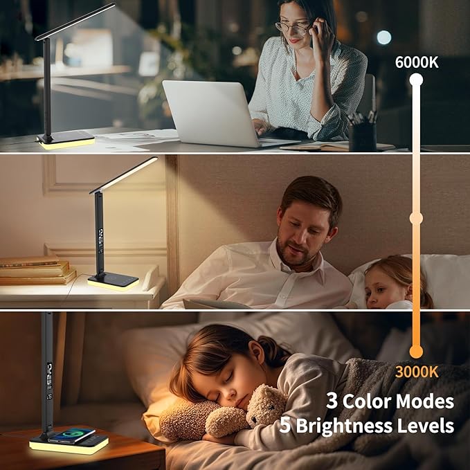 LED Desk Lamp with Wireless Charger, USB Charging Port, Reading Lamp Desk Light with 5 Brightness, 3 Colors, Table Lamp with Clock, Alarm, Date, Temperature, Desk Lamp for Home Office Study (Black)