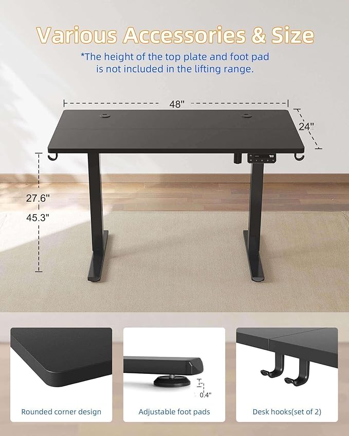 YIHAYO Electric Standing Desk, 48 x 24 Inches Stand Up Desk with Splice Board, Adjustable Height Desk, Computer Desk for Home Office, Black Frame/Black Top