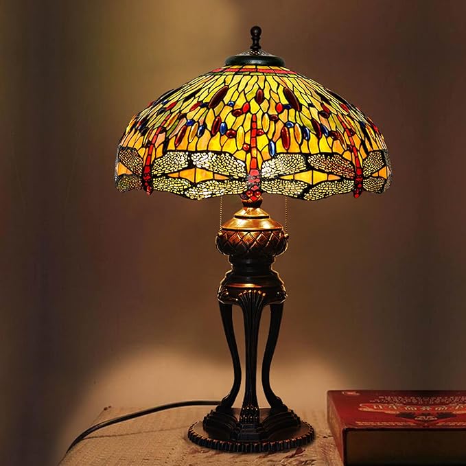 Tiffany Lamp Table Lamp Rose Dragonfly Tulip Wisteria Grape Peach Kapok Peony Apple Flower Design Stained Glass Lampshade Desk Lamp for Girl Living Room Iron Base W20 XH32,Dragonfly