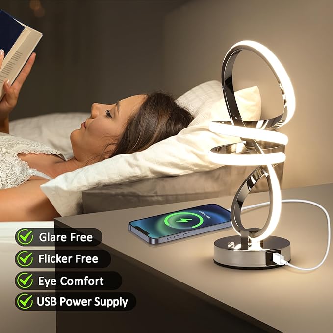 RGB Spiral Table Lamp, Modern LED Table Lamp, Chrome Cool Bedside Lamps, 7 Colors & 10 Light Modes Touch Dimmable LED Nightstand Lamp with USB/Type C for Bedroom, Living Room,Silver