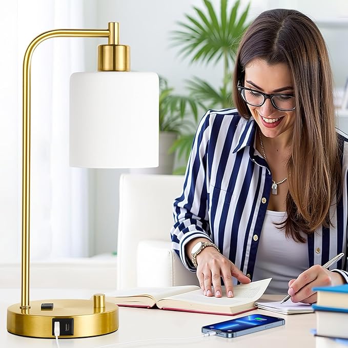 Set of 2 Industrial Table Lamps with USB C+A Ports and Outlet, Gold Fully Stepless Dimmable Bedside Lamps, Nightstand Lamp with Opal Glass Shade for Reading Office (2 LED Bulb)