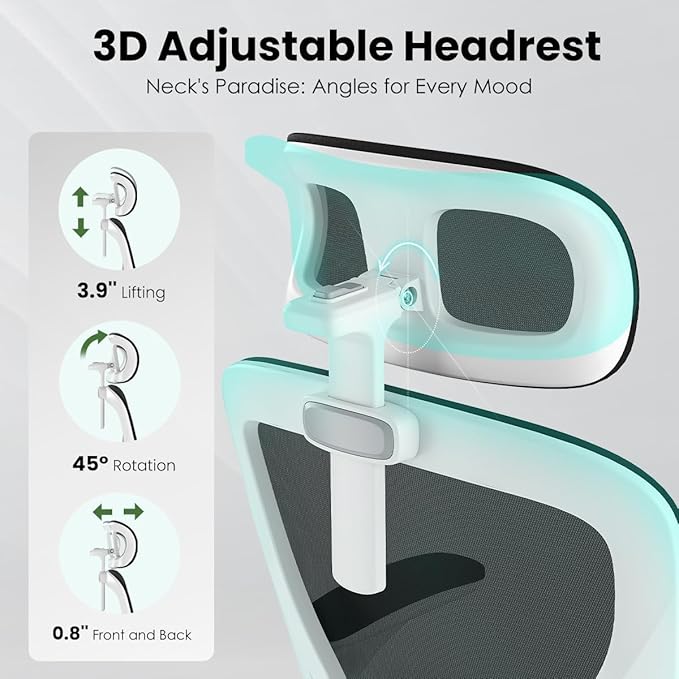 Soohow Ergonomic Office Chair, Office Mesh Desk Chair with Adjustable Lumbar Support Armrests, Comfy Computer Desk Chair with Headrest, for Home and Office, White & Black