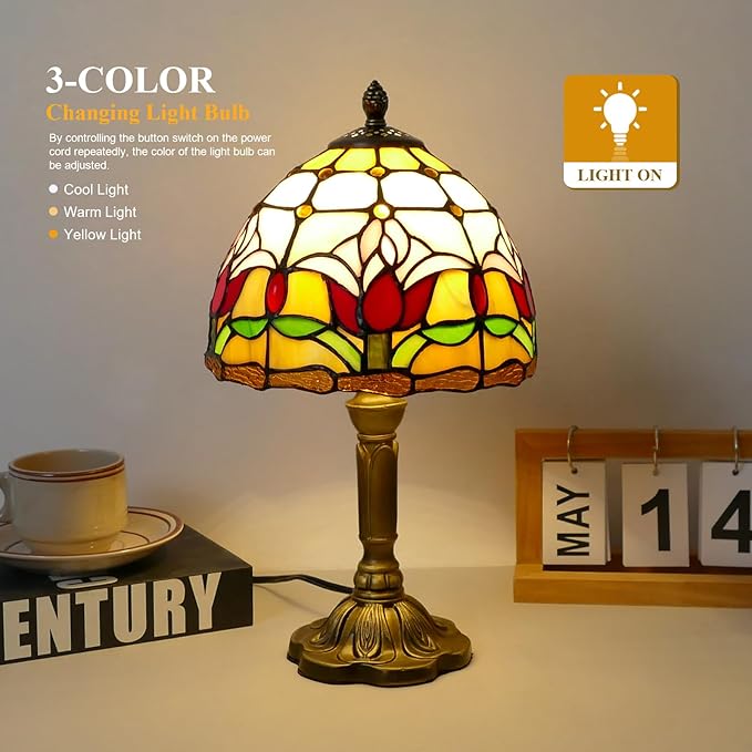 Tiffany Lamp Tulips Flower Stained Glass Table Lamp 8x8x14 Inches Flower Style Desk Reading Light Decor for Beside Bedroom Living Room Home Office with LED Bulb