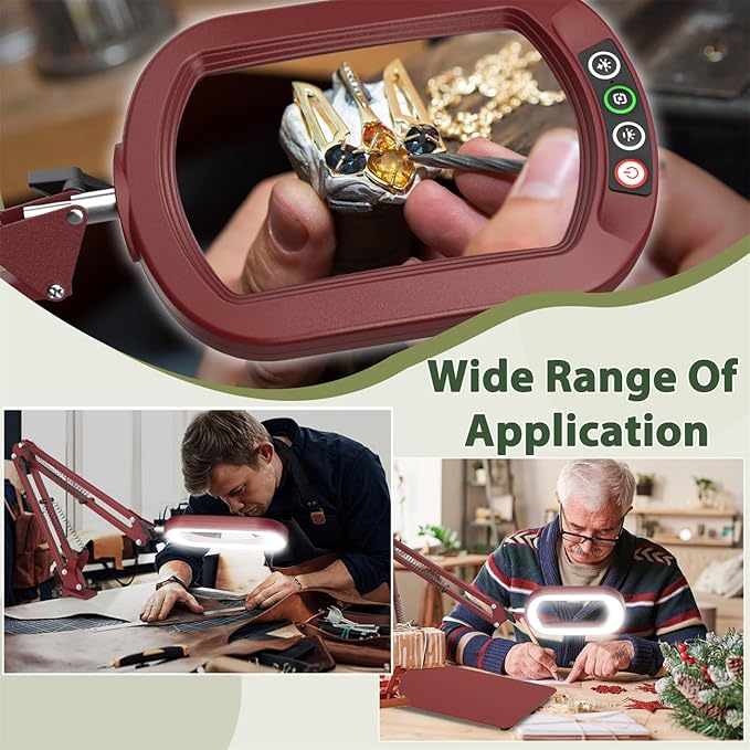 Veemagni 10X Rectangle Magnifying Glass with Light and Stand, 5 Color Modes Stepless Dimmable, 2-in-1 LED Lighted Desk Lamp & Clamp, Hands Free Magnifier for Reading Crafts Painting Close Work - Red