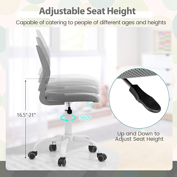 POWERSTONE Small Home Office Desk Chair, Swivel Rolling Study Computer Chair, Adjustable Height Task Chair with Armless Mid Back, Upholstered Mesh Seat, Grey