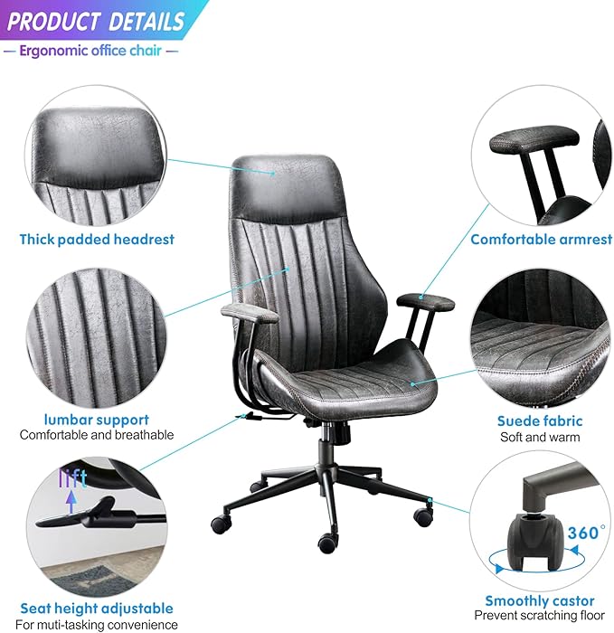 ovios Ergonomic High Back Office Chair, Mid-Century Modern Faux Suede Leather Chair with Padded Armrests, Comfy Executive Computer Task Swivel Rolling Chairs, Dark Grey