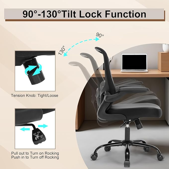 Office Chair, Ergonomic Desk Computer Chair with PU Leather Cushion, Home Office Desk Chairs with Flip-Up Arms and Adjustable Lumbar Support