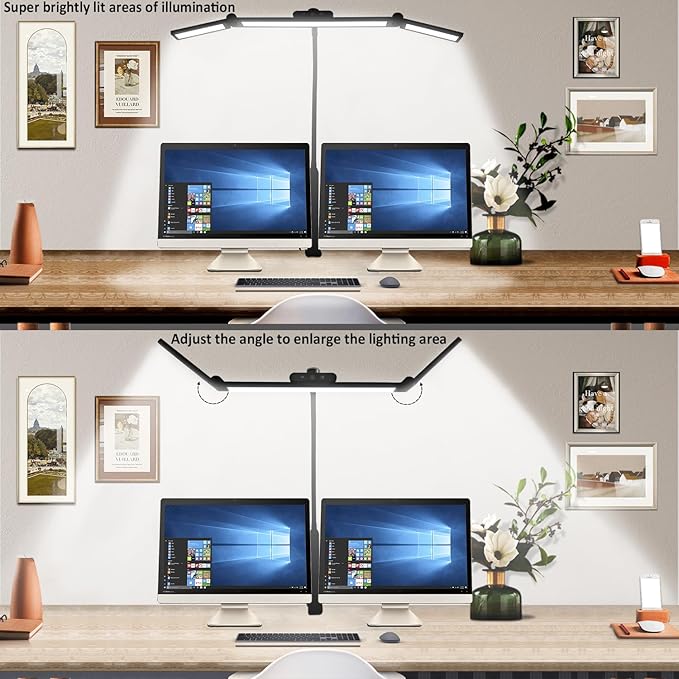 LED Desk Lamp with Clamp for Home Ofice, 24w Stepless Dimming Knob, 2 Auxiliary Lights, Adjustable Gooseneck, Touch control, Eye Protection, Desk Light for Drafting