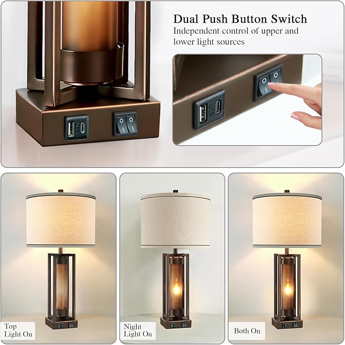 Rustic Table Lamps for Living Room with USB C+A Ports, Farmhouse Vintage Nightstand Lamp with Amber Acrylic Night Light, Retro Desk Lamp for Bedroom Entryway Dorm, 2 Bulbs Included (Brown)
