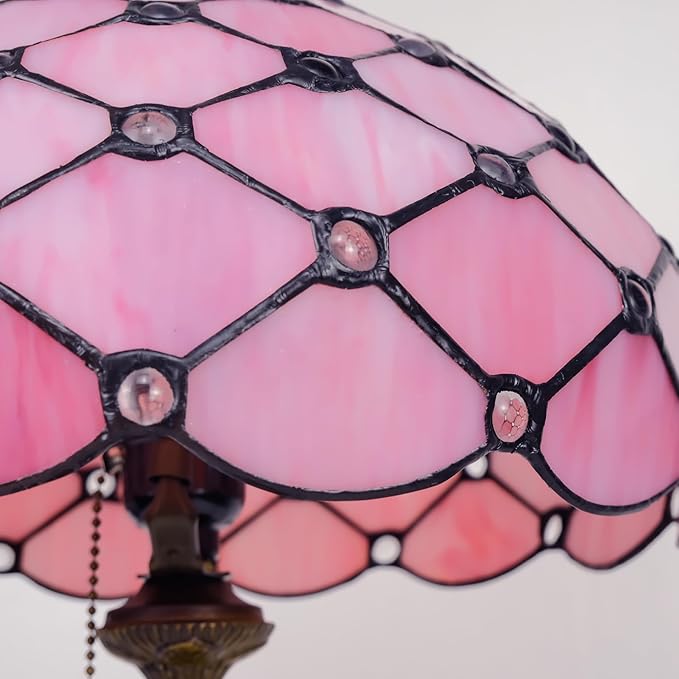 Tiffany Lamp Vintage Pink Stained Glass Bead Table Lamp Desk Bedside Reading Light Decor Bedroom Living Room Home Office D12*H18 Inches