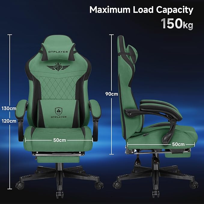 GTPLAYER Gaming Chair, Video Game Chairs with Footrest and Lumbar Support, Computer Chair for Adults with Extended Backrest, Ergonomic Reclining Silla Gamer, Fabric, Green