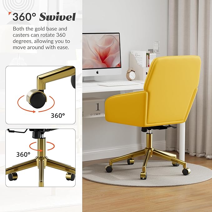 YISHENG Velvet Office Desk Chair with Gold Base, with Wheels,Modern Height Adjustable 360 Degree Swivel Upholstered Vanity Chairs with Arms for Living Room Bedroom.Yellow