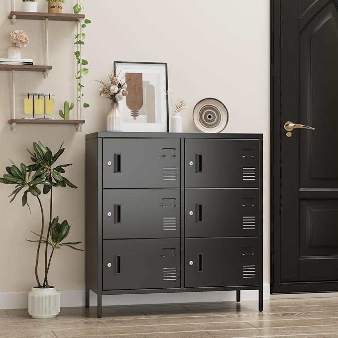 SUPEER 6 Doors Metal Storage Locker with Card Slot,Metal Locker for Employees with Keys and Ventilation Holes,Suitable for Office, Home, Bank, School,Gym,Requires Installation,Black