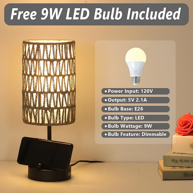 Touch Bedside Lamp For Bedroom with Bulb, Grey Boho Small Table Lamp For Living Room With Rattan & Linen Shade, 3 Way Dimmable Table Lamp For Nightstand With USB Charging Port & Phone Stand For Office