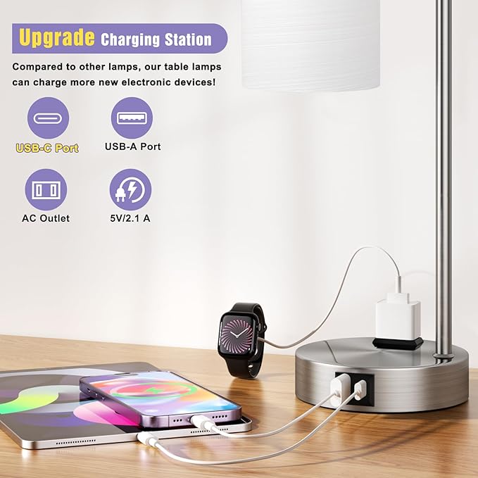 Innqoo Industrial Nickel Table Lamps for Bedrooms Set of 2-3-Way Dimmable Desk Lamp with USB C+A Ports and Outlet, Sliver Lamps with Striped White Glass Shade for Living Room