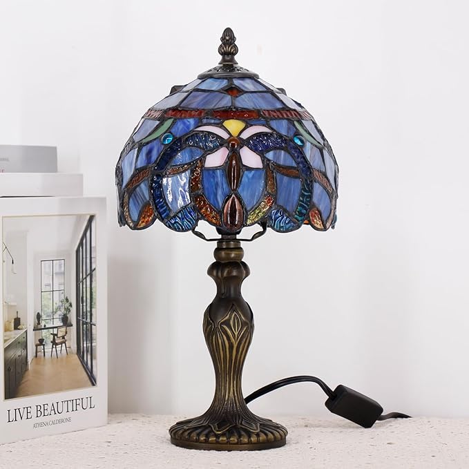 Small Tiffany Lamp Stained Glass Table Lamp Mini Desk Accent Light for Bedroom Bedside Reading Home Antique Style Decor 8X15 Inches (Blue Purple)