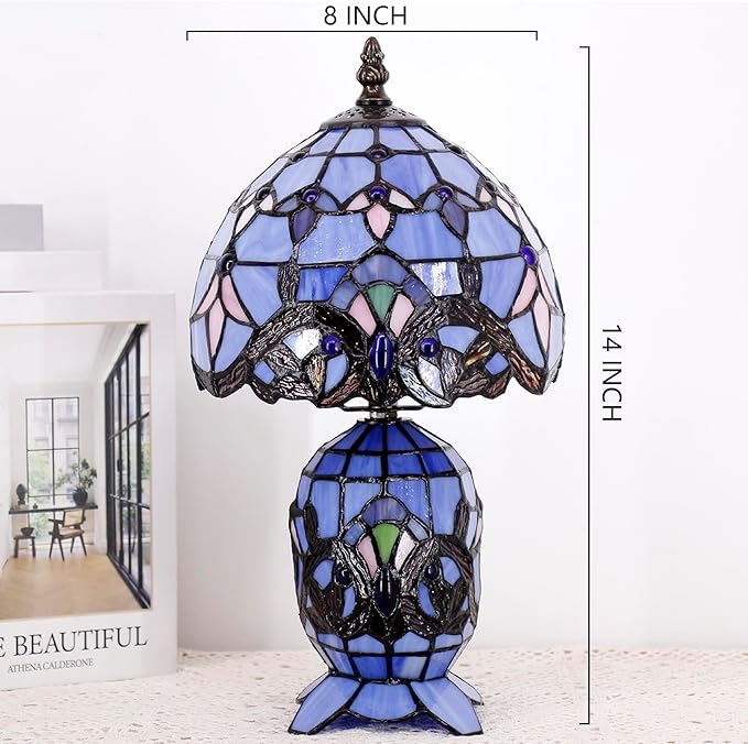 Small Tiffany Lamp Stained Glass Table Lamp Mini Mother Daughter Vase Desk Accent Light for Bedroom Bedside Reading Home Antique Style Decor 8X14 Inches (Blue Baroque)